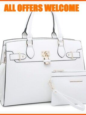 Faux Leather Satchel Tote with Matching Clutch, Adjustable Strap